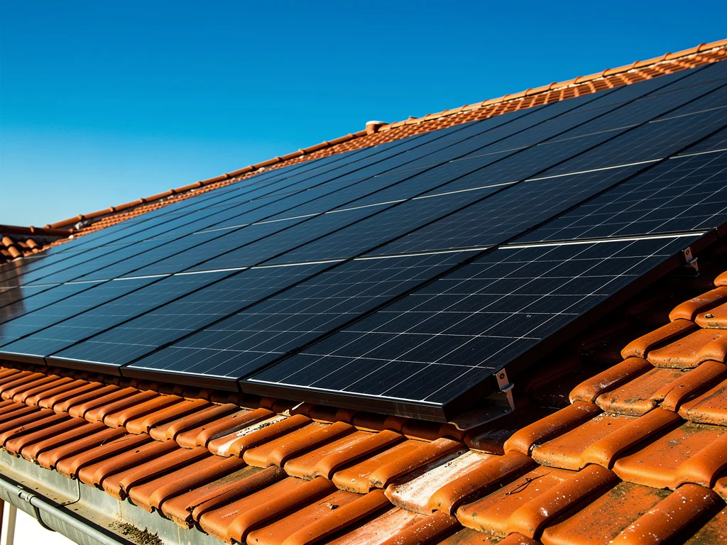 Panneaux photovoltaïques alignés sur une toiture en tuiles au plein soleil