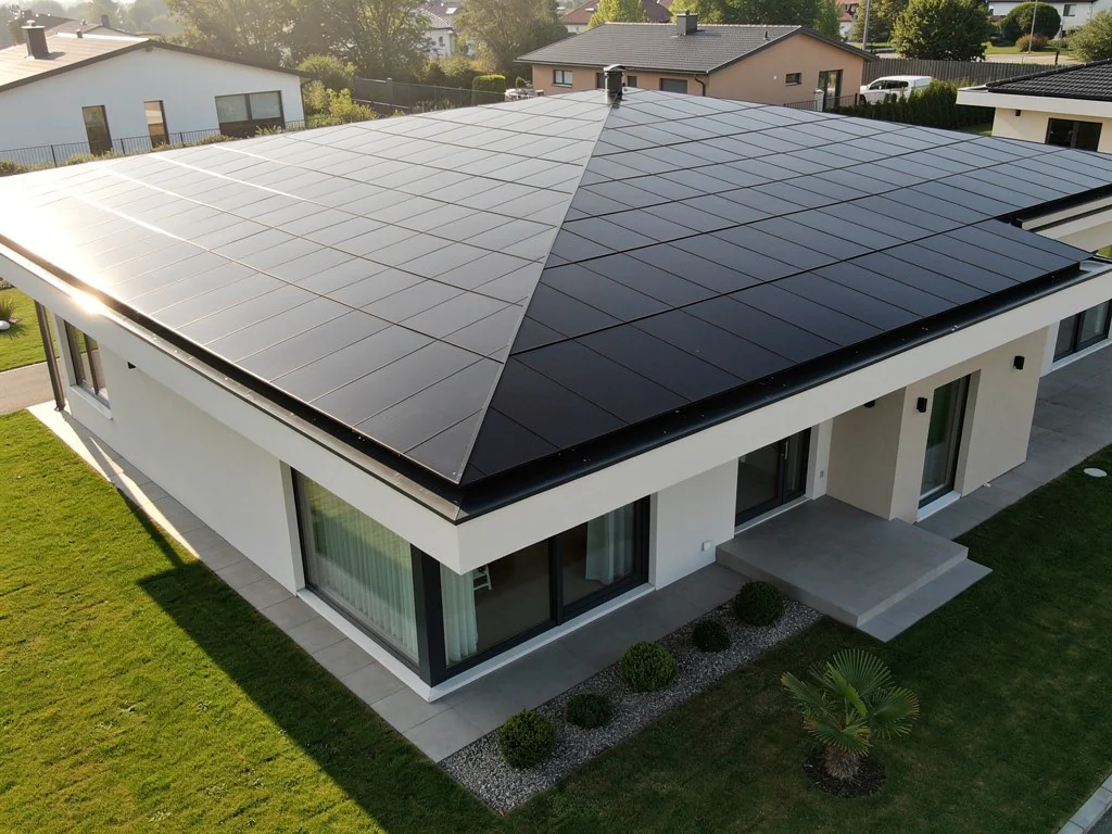 Grande toiture de maison entièrement couverte de modules solaires noirs