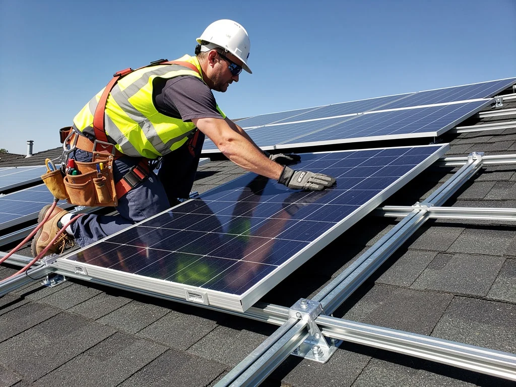 Technicien fixant un panneau solaire sur les rails d'une toiture