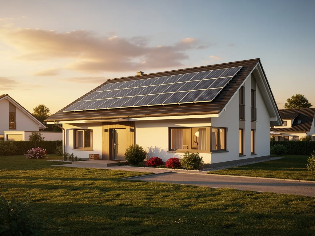 Maison individuelle équipée de panneaux solaires en toiture au coucher du soleil